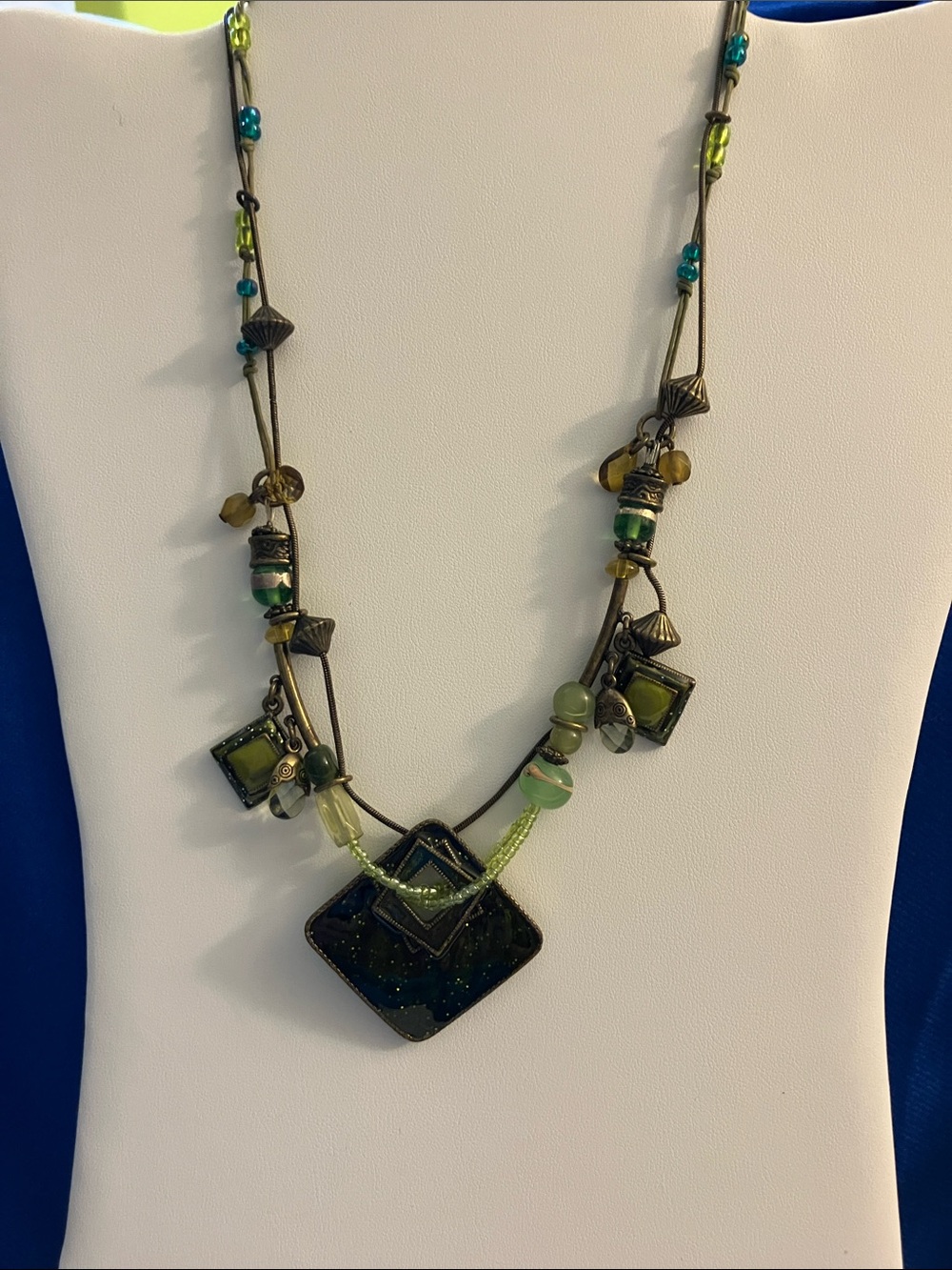 Green Enameled Pendant Necklace with Bead Accents - Women's Jewelry